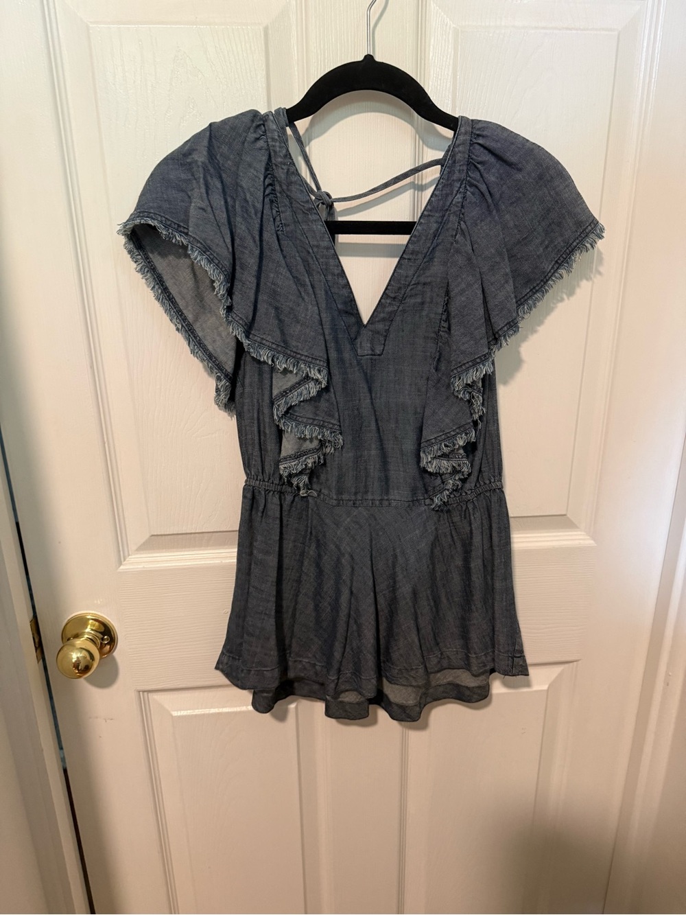 Trina Turk Denim Ruffle V-Neck Blouse size M